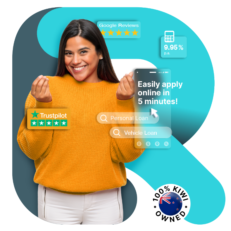 Smiling woman in orange sweater representing a fast and easy online loan application process with Lending Room, a 100% Kiwi-owned company.