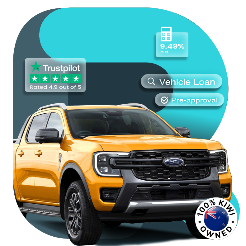 Yellow Ford Ranger with Lending Room vehicle loan pre-approval banner
