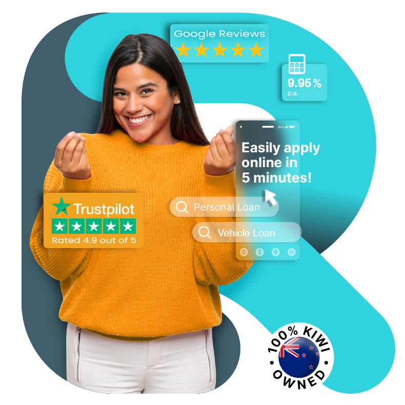Smiling woman in orange sweater representing a fast and easy online loan application process with Lending Room, a 100% Kiwi-owned company.