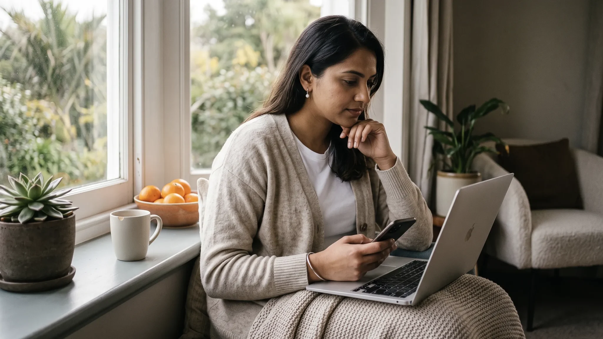 Work visa holder checking loan options on a phone at home in NZ, Lending Room